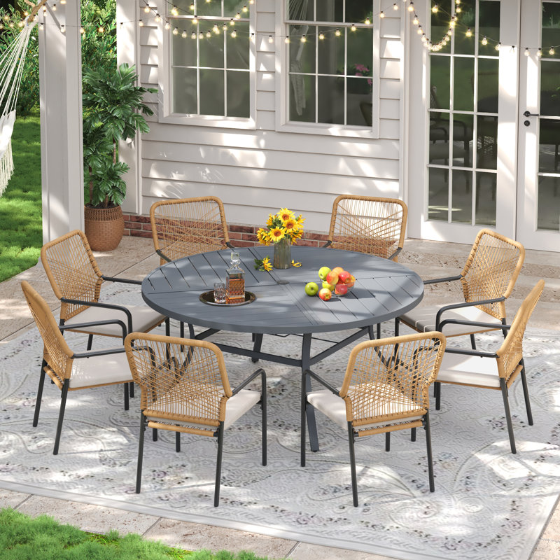 Ensemble repas d'extérieur 8 personnes avec chaise empilable en osier, Gris