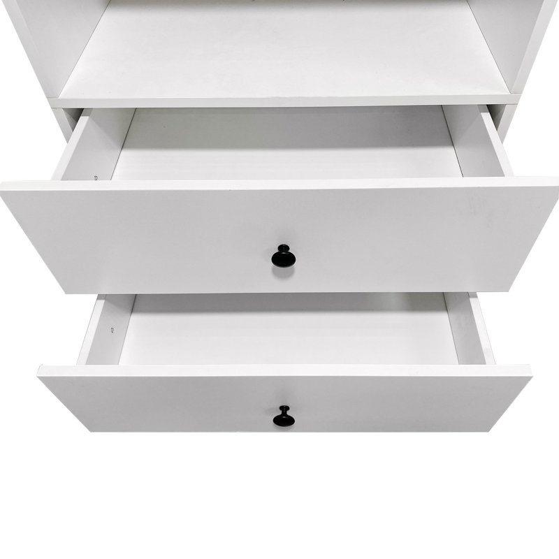 Système d'organisation modulaire blanc avec 4 tringles, 4 tiroirs et 4 tablettes