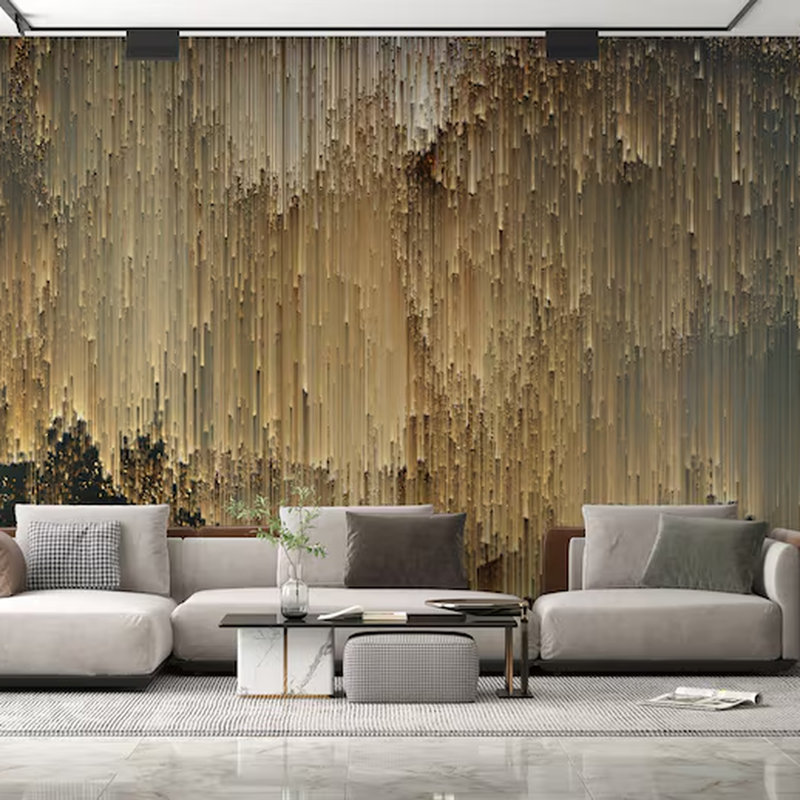 Murale de papier peint texturé doré de luxe abstrait, décoration murale moderne à flux vertical métallique