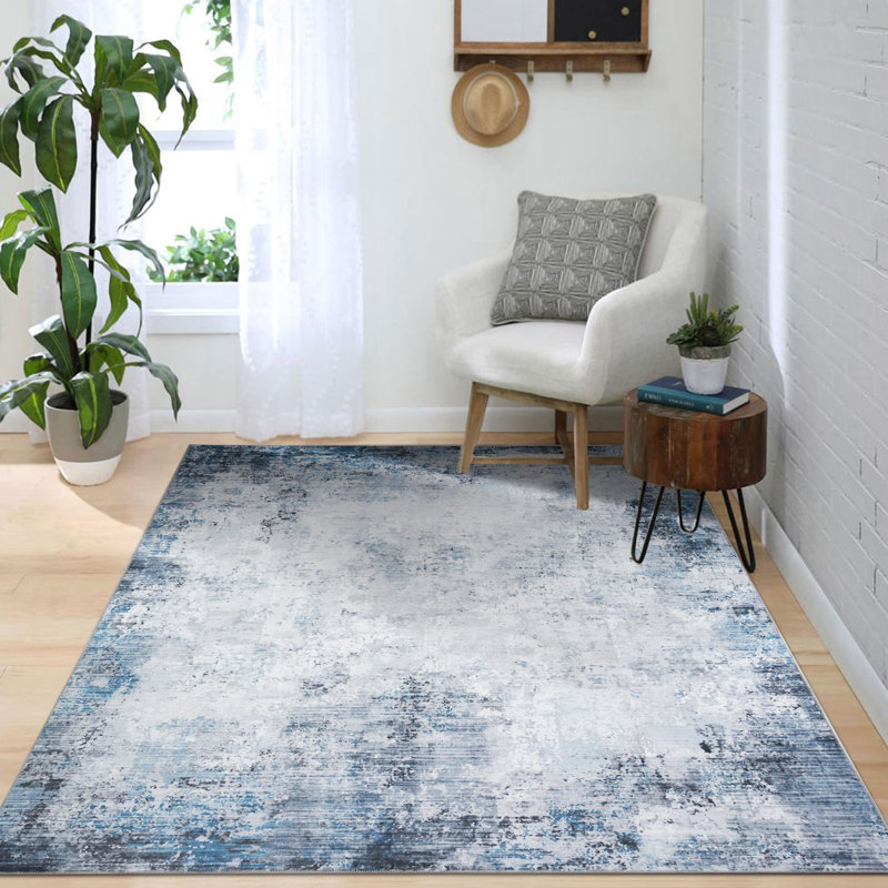 Blue/White Machine Washable Modern Abstract Polyester Area Rug, Rectangle 5' x 7'