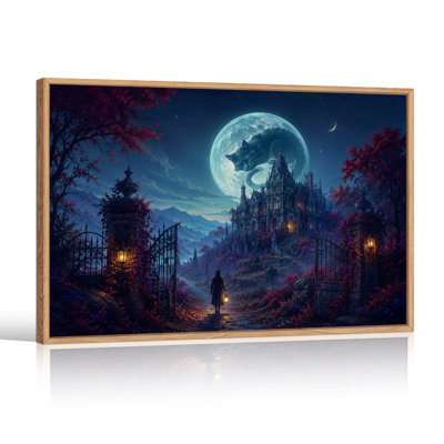 Chat géant en forme de lune au-dessus d'un manoir gothique avec lanterne - Toile murale d'Halloween
