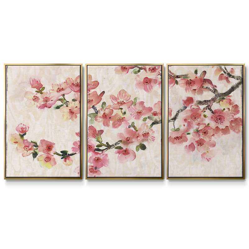 Composition de fleurs de cerisier I - Toile encadrée multi-pièces, H 24 po x l 48 po x P 2 po, Or