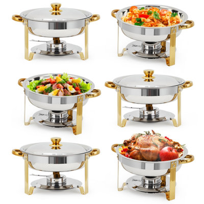 Ensemble de 6 chauffe-plats ronds en acier inoxydable avec couvercle et bac à eau pour les fêtes, les mariages et la restauration, paquet de 6