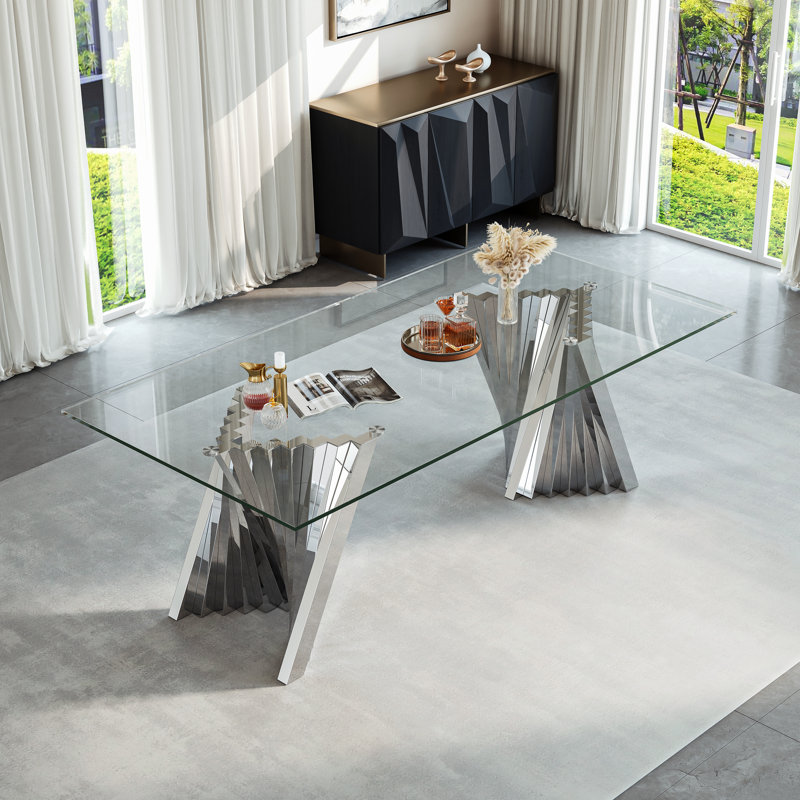 Morlee 94.49" Glass Top Metal Base Dining Table, Silver