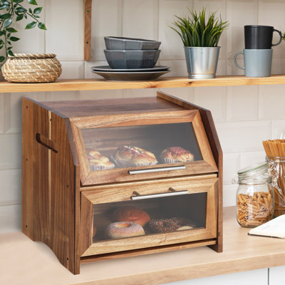 Extra Large Double Layer Acacia Wood Bread Storage Container for Kitchen Countertop, Rustic Food Bin with Clear Acrylic Doors and Air Vents for Freshness