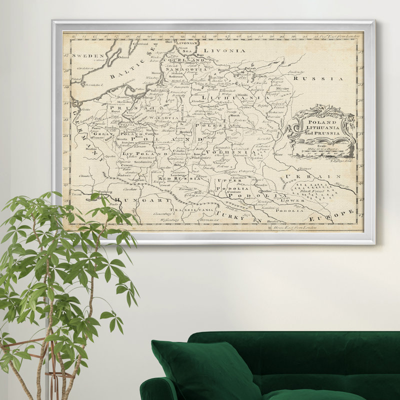 Carte de la Pologne-impression d’art graphique sur toile encadrée, H 22,5 po x l 30,5 po x P 1,5 po, Encadrement argenté