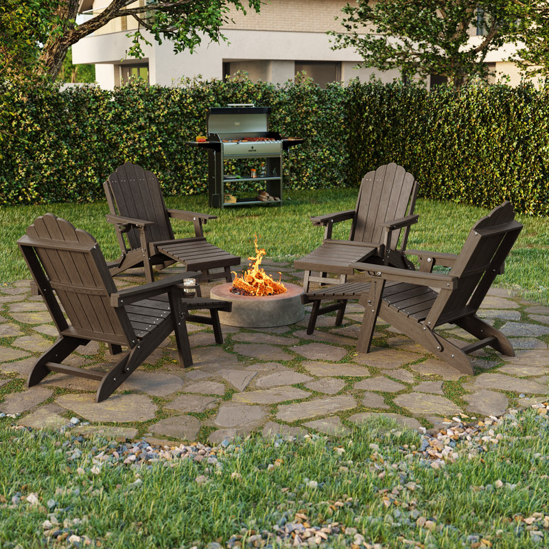 Folding Adirondack Chair with Retractable Ottoman and Cup Holder, Outdoor HDPE Lounge Chair, Brown
