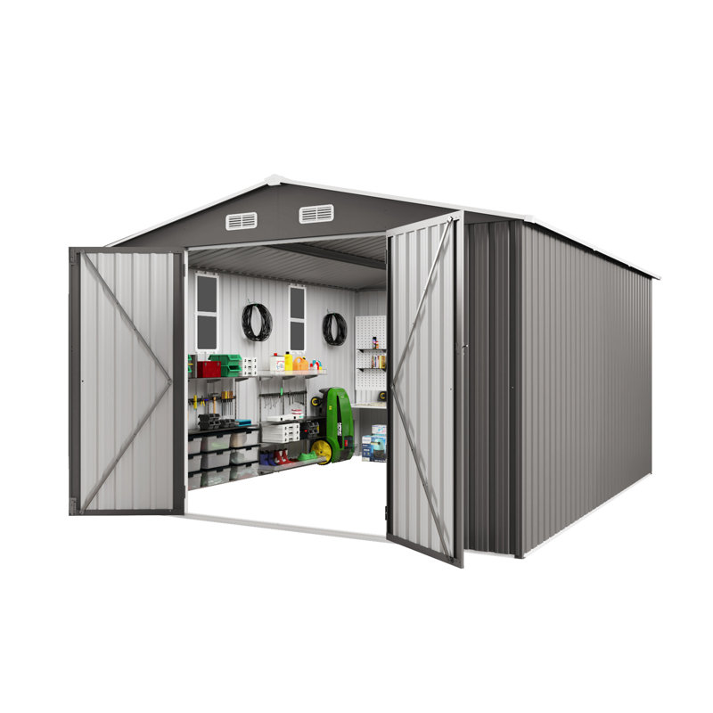 Remise de rangement extérieure en métal 10 x 12 pi avec double porte et fenêtres, imperméable, grise, idéale pour les ateliers de neige sur le patio