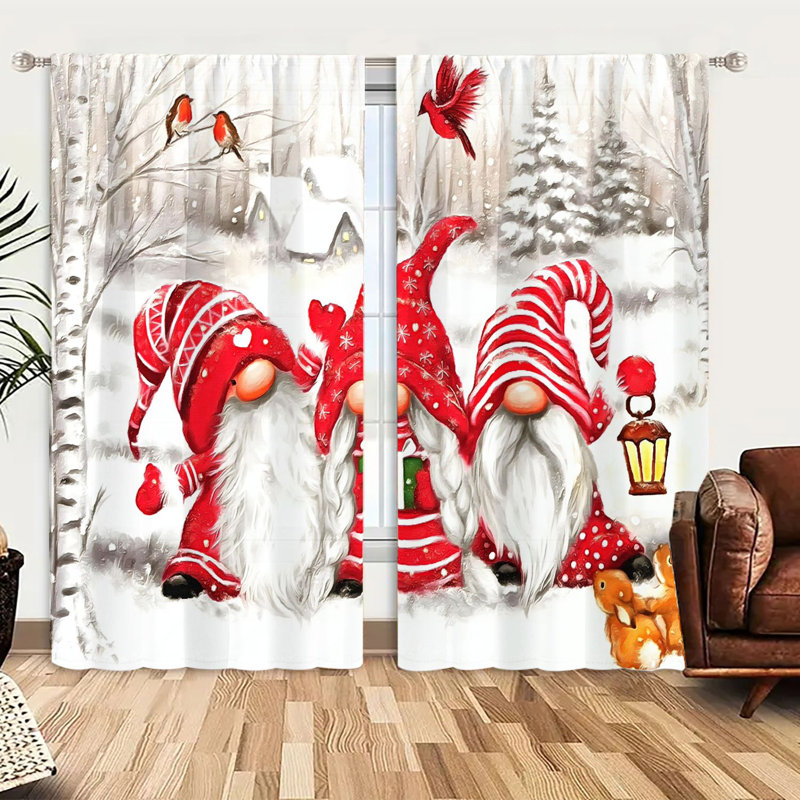 Christmas Gnome Curtains Winter Wonderland Design - Red White Holiday Decor with Snowy Forest Background Rod Pocket Top, Polyester Microfiber, Light Filtering Privacy for Living Room, Bedroom, Kitchen