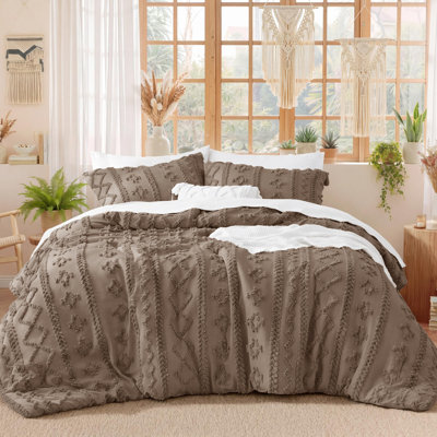 Ensemble d'édredon pour lit simple capitonné Boho - ensemble de literie 2 pièces brun clair Shabby Bed Jac Ensemble de lit en jacquard de ferme avec broderie, douceur toutes saisons pour chambres douillettes et cadeaux boho-chic