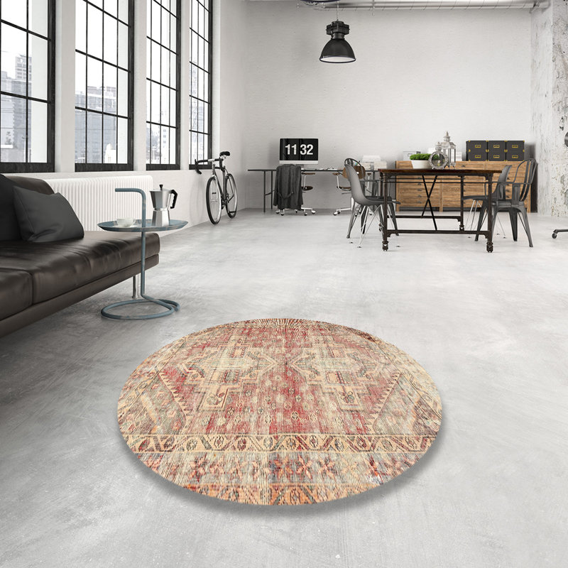 Tapis traditionnel beige / gris / rouge, Rond 3 pi