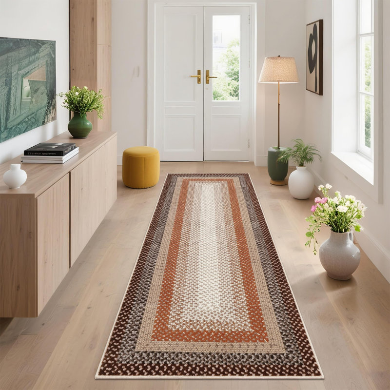 Washable Rug Scalloped Rug Non Slip, Low Pile Thin Foldable Mats, Indoor Neutral Carpet for Living Room Bedroom