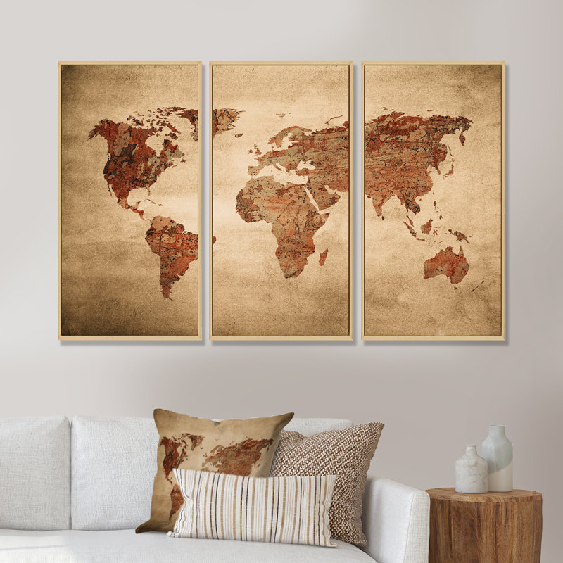 Ancienne carte du monde VII - reproduction de cadre flottant 3 pièces sur toile, Érable, H 20 po x l 36 po