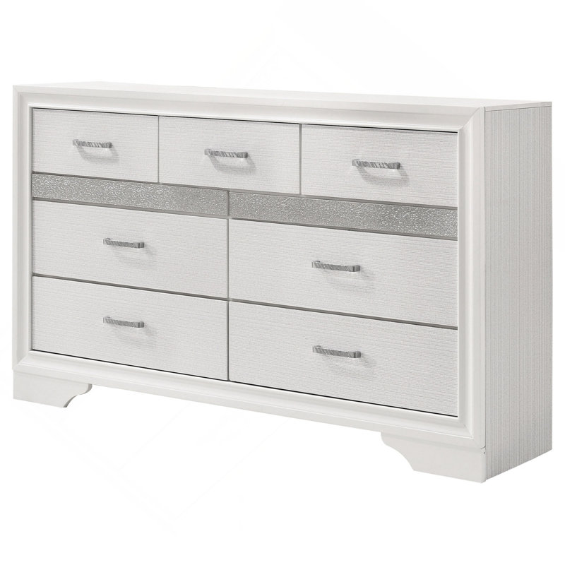 Commode 9 tiroirs à motif étincelant avec poignées en métal, Blanc