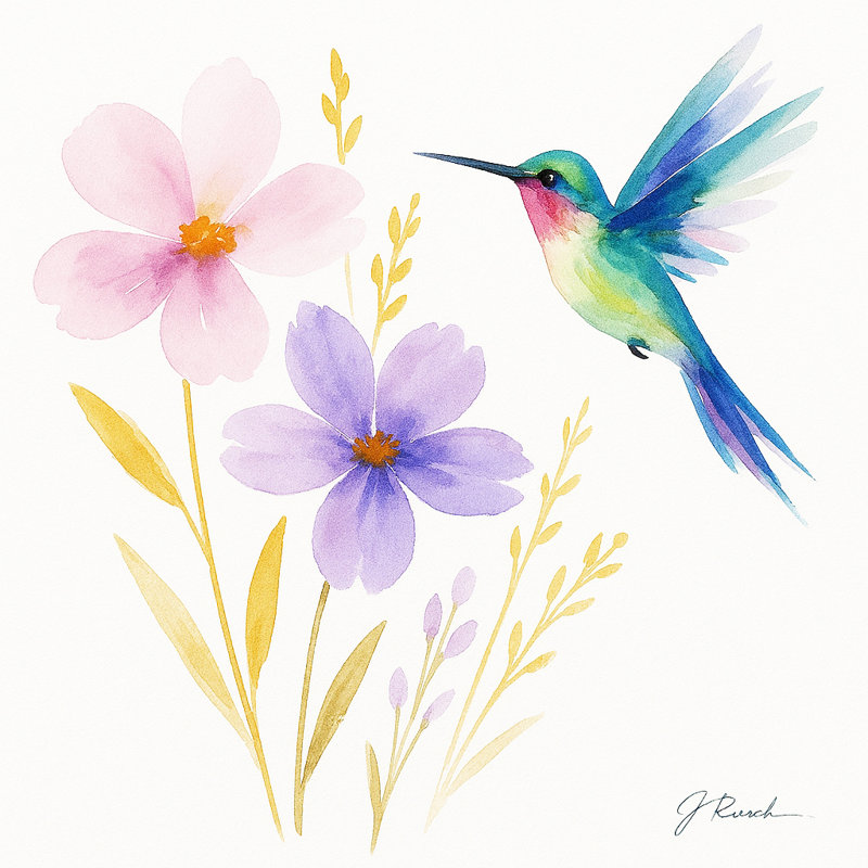 Art mural aquarelle, colibri et fleurs, H 12 po x l 12 po