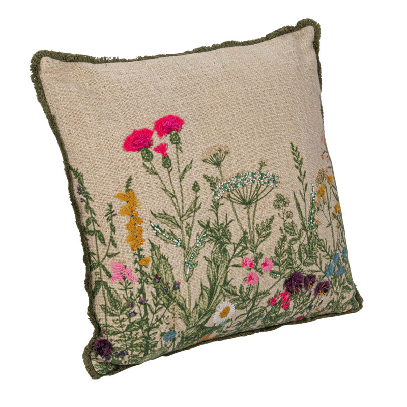 Multicolor Cotton Slub Embroidered Square Pillow