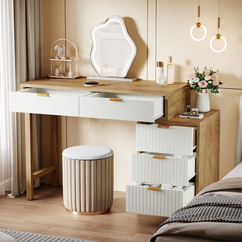 Table de coiffeuse pour le maquillage de style moderne, Natural Brown & White