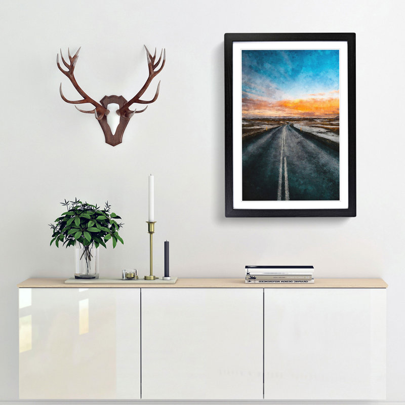 Road Through Iceland 1 Piece Single Picture Frame Wall Art on MDF, 33cm H x 24cm W x 2cm D, Black Framed