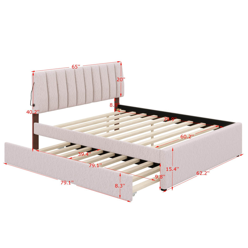 Lit plateforme tapissier Teddy, Beige, Grand lit