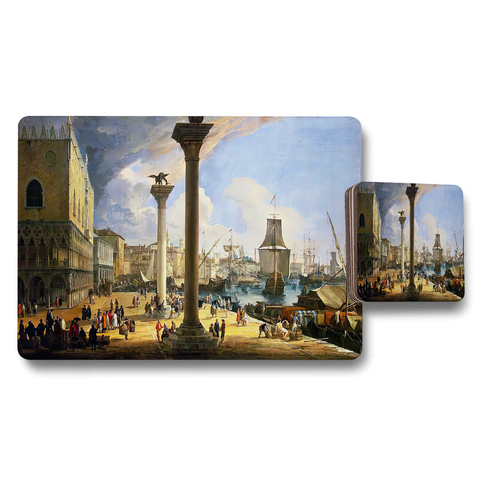 Placemat And Coaster Set With Vintage Venice Harbor Scene