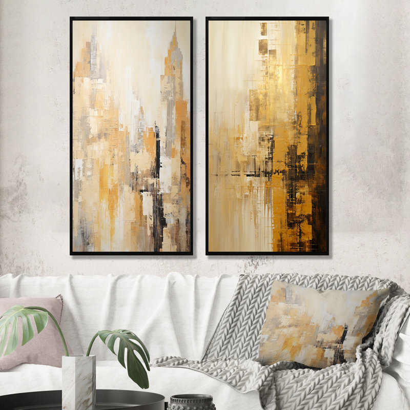 Ensemble de 2 décorations murales abstraites modernes Skycraper Golden, Cadre noir, H 32 po x l 33 po