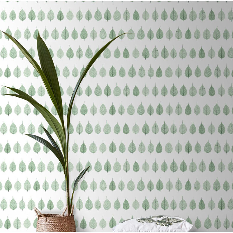 Rouleau de papier peint L 33 pi x l 20,5 po Forid Leaves, Vert clair / blanc