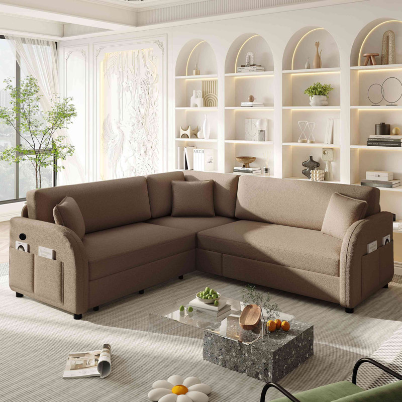 Canapé-lit en L avec lit escamotable, canapé-lit convertible surdimensionné avec poche latérale et port USB, canapé modulaire rembourré en peluche