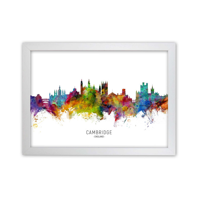 Cambridge England Skyline by Michael Tompsett - Print, White Framed, 25cm H x 34cm W x 3cm D