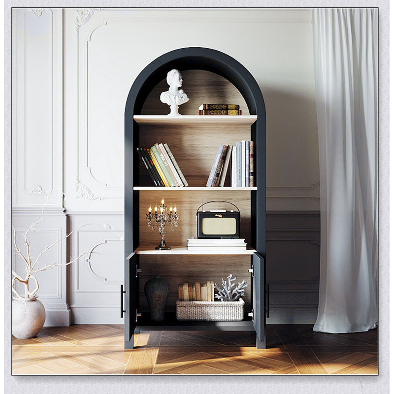 Bibliothèque cintrée de 170 cm de hauteur avec rangement, meuble à trois niveaux de style moderne du milieu du siècle avec porte pour une présentation élégante