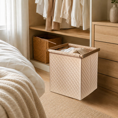 Panier à linge autoportant en tissu matelassé avec poignées en bois pour la salle de lavage, la chambre à coucher et le placard