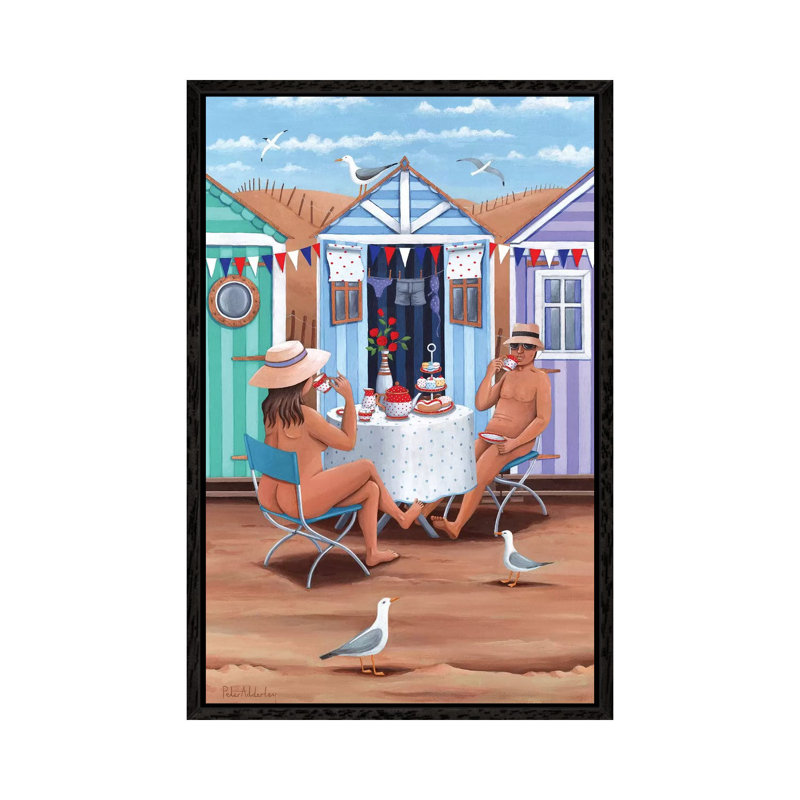 Beach Huts Afternoon Teas by Peter Adderley - Print on Canvas, 66.04 cm H x 45.72 cm W, Black Framed