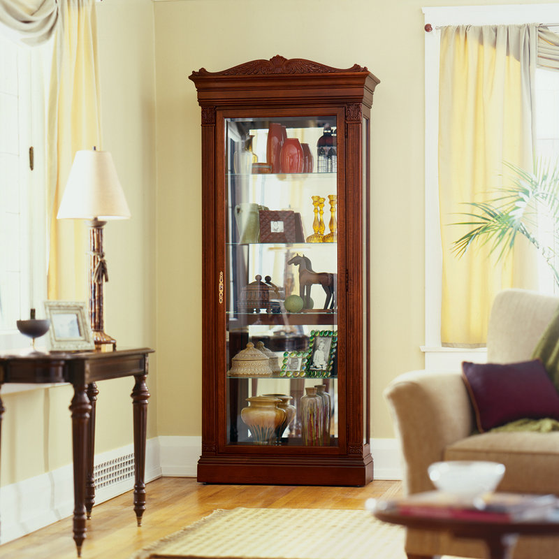 Embassy Curio Display Cabinet, Embassy Cherry Finish, Fluted Columns, Detailed Pediment, Locking Door