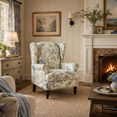 Fauteuil à oreilles, fauteuil d'appoint rétro, siège rembourré en tissu doux, petites chaises de chambre à coucher, fauteuil de salon rétro Vantage pour salon - structure en bois massif - oiseau bleu floral