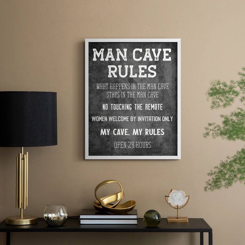 Man Cave Rules Framed Print - Solid Wood, 11" H x 9" W, White