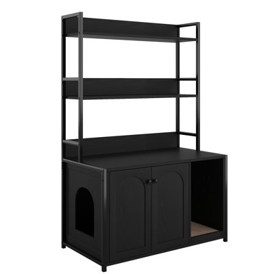 Hidden Cat Washroom Cabinet With Litter Box, Shelf Storage, Wooden House, Scratch Pad, 2 Doors, Black Finish Box Enclosure, Sparkle