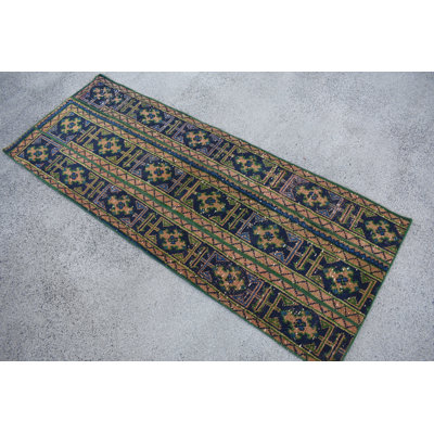 26.8x68.5 Inch Green Wool Geometric Runner Rug, Classic Style Wool Rug