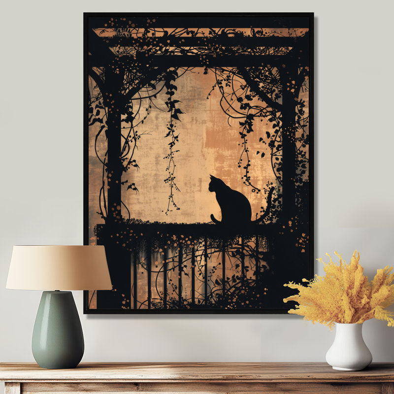 Chat noir sur porche fleuri - décoration murale chat, Toile avec cadre noir, H 40 po x l 30 po x P 1,5 po