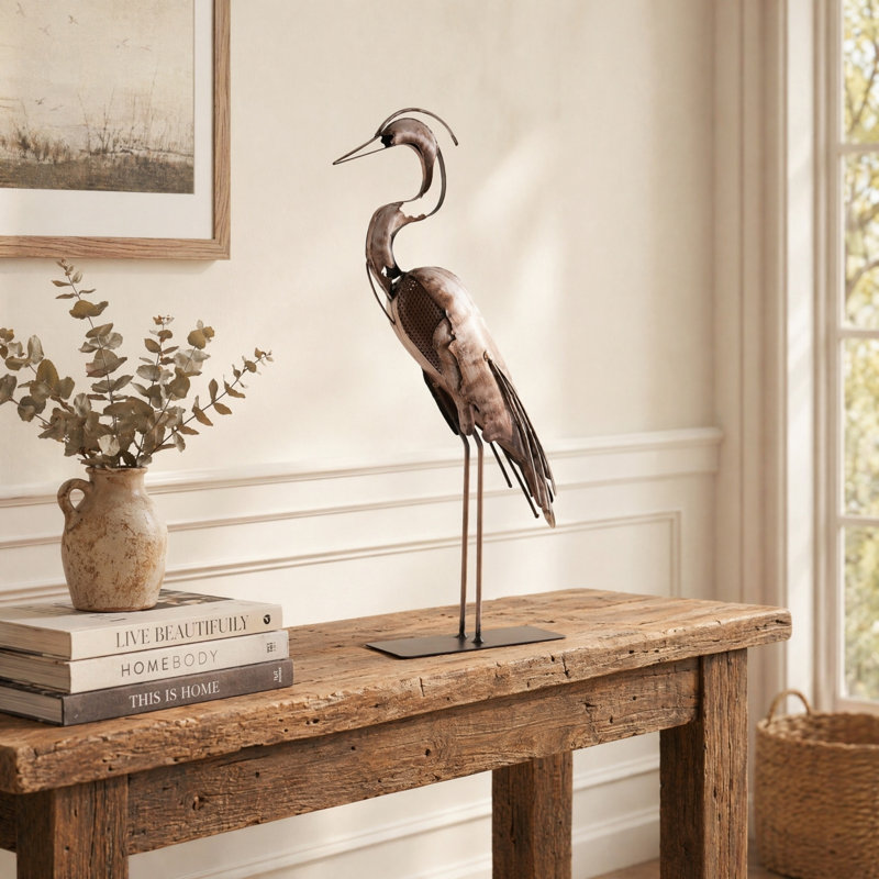 21"H Handmade Metal Heron Statue, 100% Hand-Painted Bird Figurine Décor, Rustic Handicraft Artwork For Bird Lovers, Brown