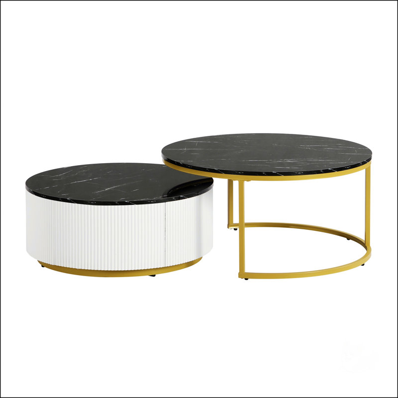 Table basse gigogne ronde moderne avec motif cannelé et tiroir, noir et or, 27,6 po