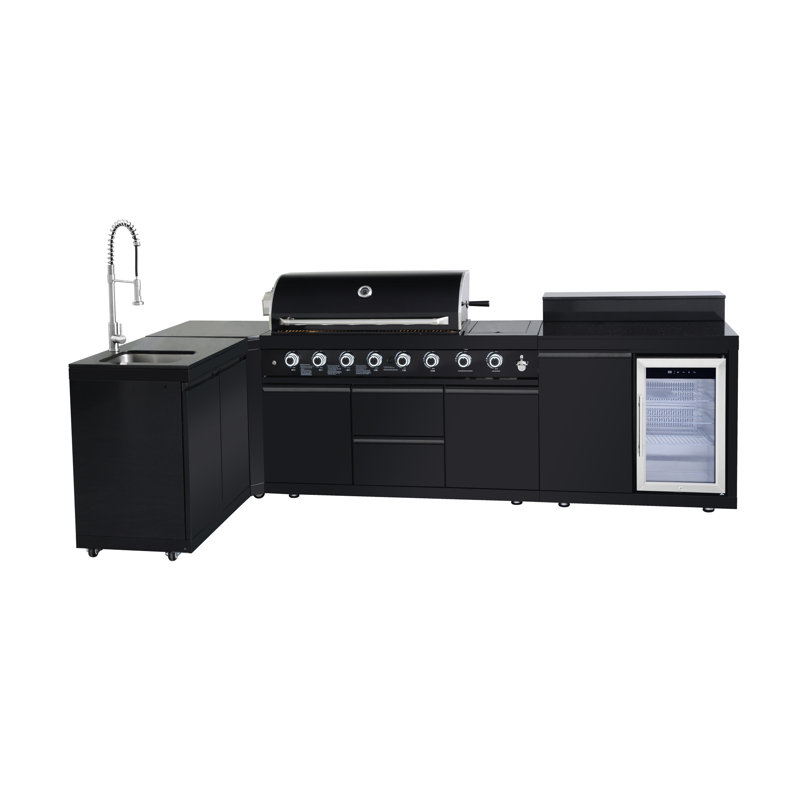 6 Barbecue extérieur en acier inoxydable avec évier, armoire de rangement, réfrigérateur, brûleurs à haute puissance, rangement modulaire, noir, style américain et esthétique
