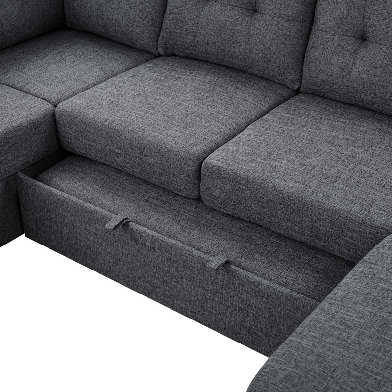 Upholstered U-Shaped Sectional Right Hand Facing, Dark Gray Linen Blend