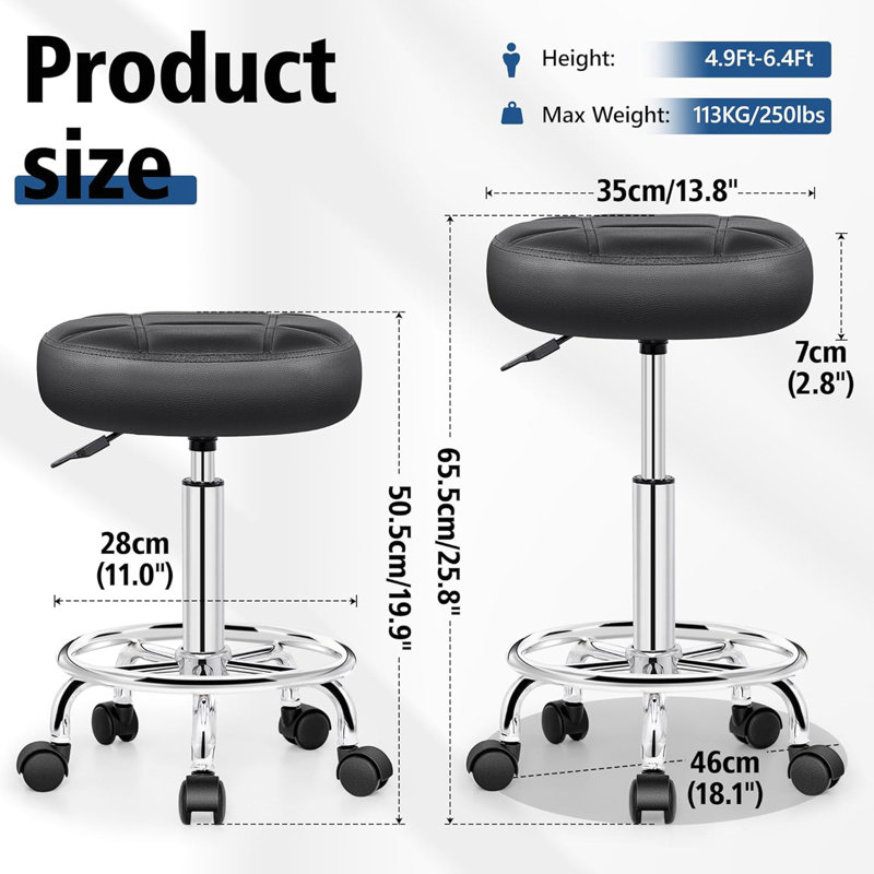Rolling Stool With Wheels - PU Leather Small Office Chair With Foot Rest, Adjustable Swivel Stool (Ideal For Tattoo/Massage/Salon/Spa/Medical/Kitchen/Home Work)