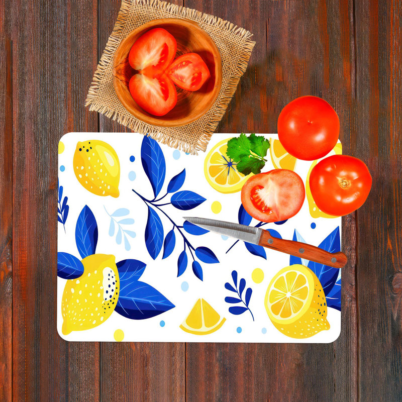 Planche à découper moderne moderne en verre bleu à motif citron, idéale pour le transport et la personnalisation