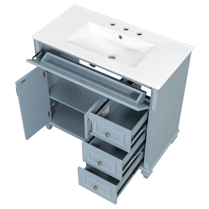 36" Bathroom Vanity With Sink, Vanity Cabinet With Flip-out Drawer, 3 Drawers, 2 Soft-close Doors, Solid Wood & Mdf, Elegant Gold Hardware