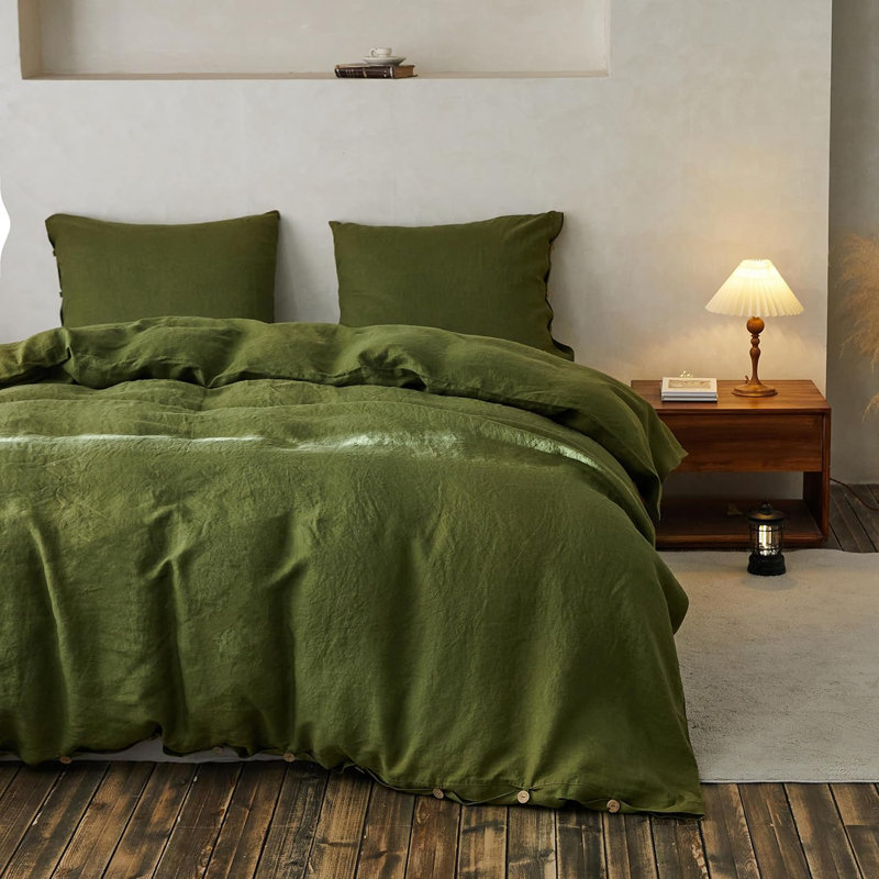 Duvet Cover Set-Button Loop, King Duvet Cover + 2 King Shams, Olive Green