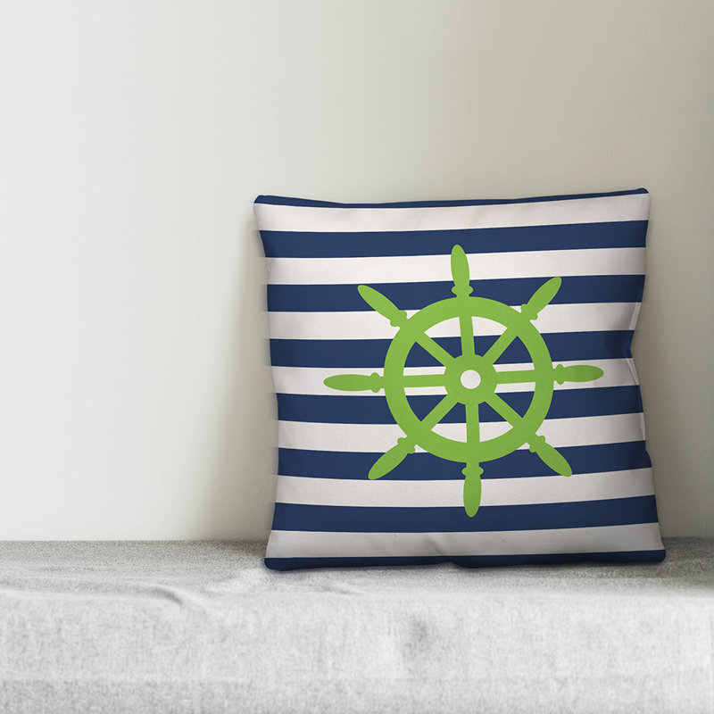  Coussin décoratif intérieur / extérieur Nautical Ships Wheel, 16 po x 1 po, Bleu foncé / crème / vert