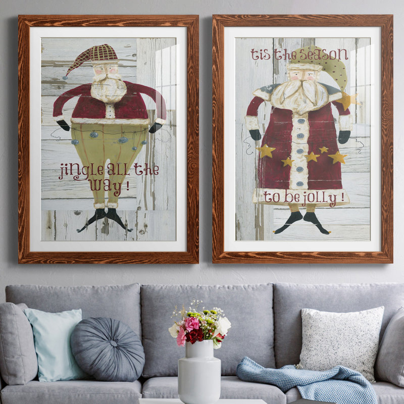 " Jingle Santa " 2 - Pieces, Maple Framed Paper, White, 32" H x 23" W x 1" D