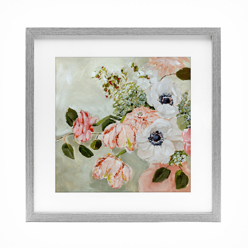 Impression subtile de fleurs roses et blanches printanières sous verre, design par Annie Quigley, Cadre de ferme gris