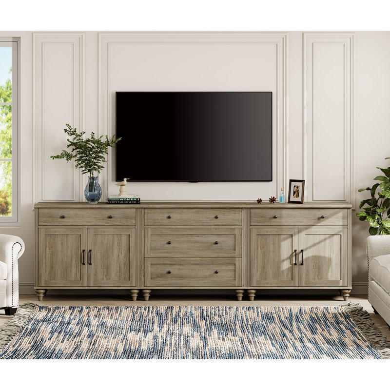 TV Stand For 100 Inch TV, 3-In-1 TV Console Table For 75/80/85/90 Inch TV, Entertainment Center With 5 Drawers And 4 Doors, Wash Gray