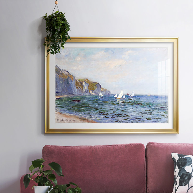Falaises et voiliers à Pourville, 1882, reproduction d'art encadrée, Encadrement doré, H 15 po x l 21 po x P 1,5 po